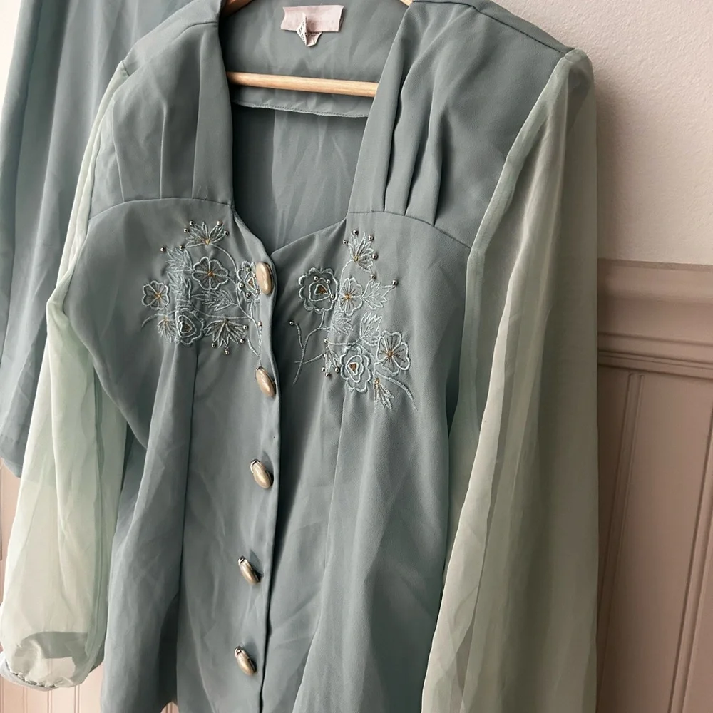 Vintage Caryel Light Blue Seafoam Blouse and Matching Skirt Set